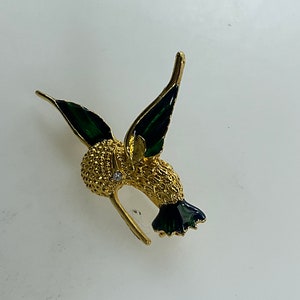 Vintage Pin Brooch Gold Toned Hummingbird With Clear Rhinestone And Blue Green Enamel Used