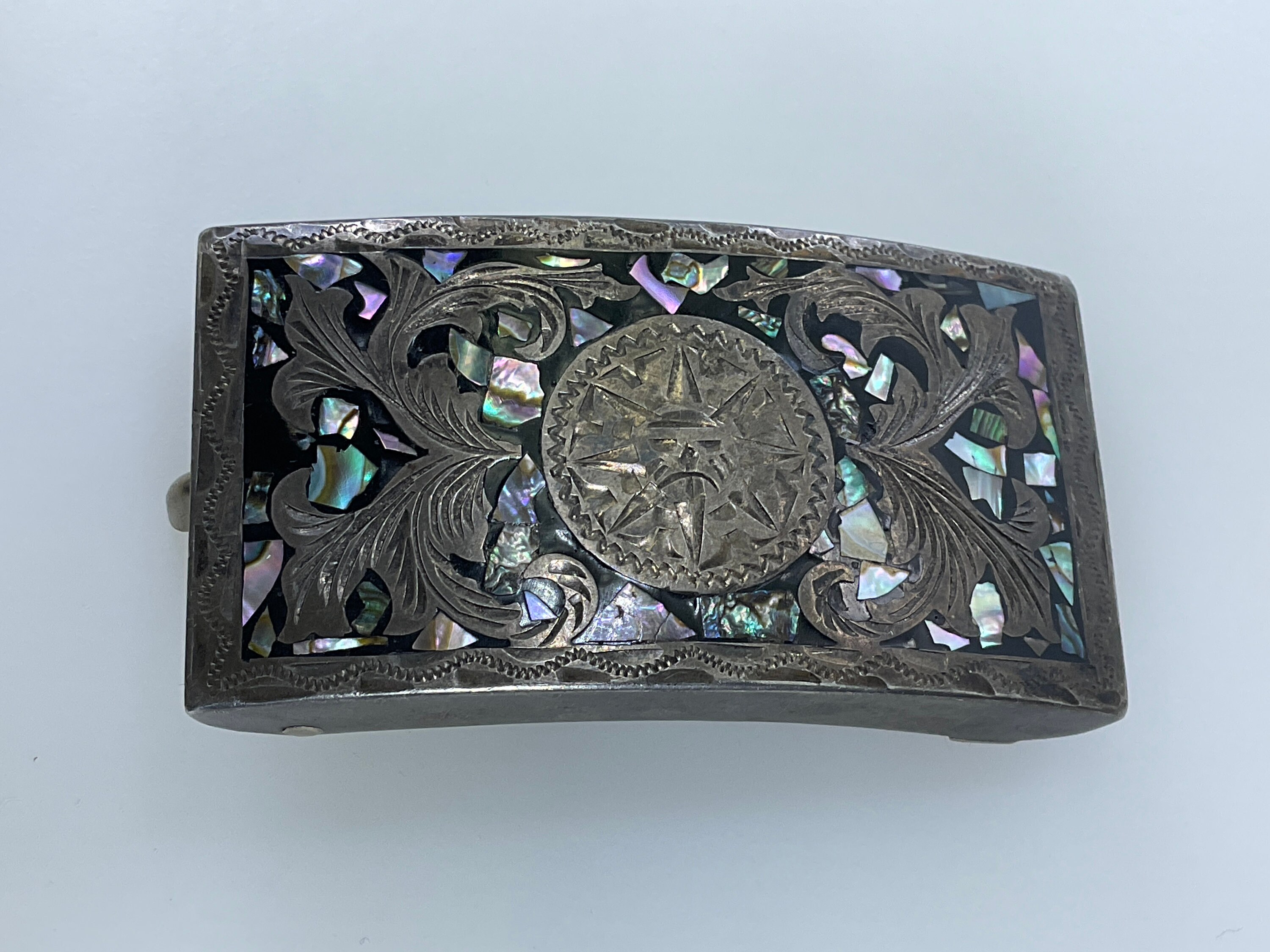 VINTAGE STERLING WITH Abalone Shell Belt Buckle Abalone Shell Belt Buckle: Engraved Silver, Turquoise Inlay  main image 3