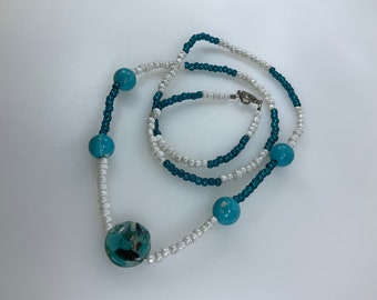 Vintage 28” Necklace With Blue And White Beads Used