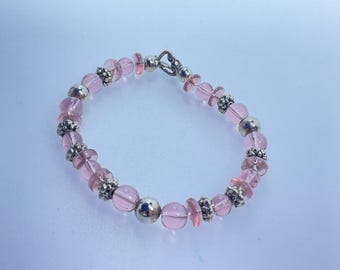 Vintage 7” Silver Toned Bracelet With Pink Glass Beads Used