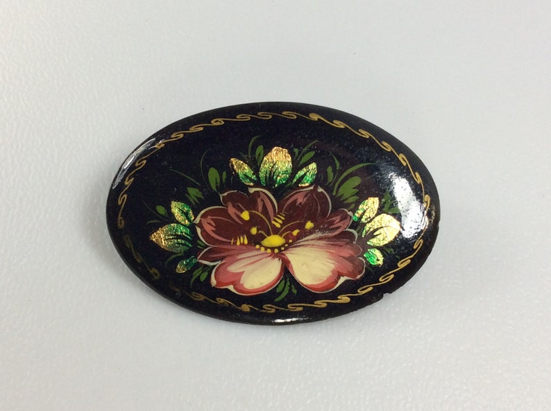 Vintage Pin Brooch Oval Black Lacquer With Pink Maroon Flower Russia Signed Used