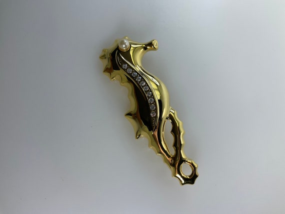 Vintage Pin Brooch Gold Toned Seahorse With Clear… - image 1
