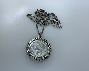 Vintage 24” Necklace Silver Toned Faux Coin 1776 Used