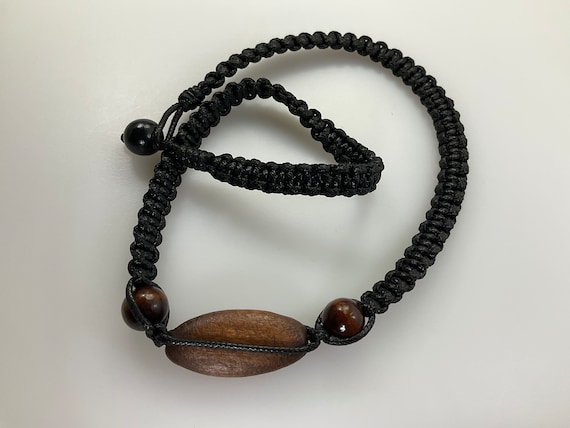 Vintage 18” Necklace Black Macrame With Brown Woo… - image 1