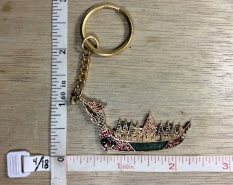 Vintage Gold Toned Keychain Dragon Boat Red Green Enamel Used