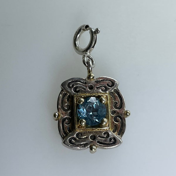 Vintage Pendant Charm Sterling Silver 925 Square With Gold Washed Accents And Blue Topaz Needs Cleaned Used