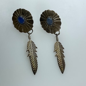 Vintage Stud Earrings Sterling Silver 925 Oval Shield With Blue Stone And Feather Need Cleaned Used