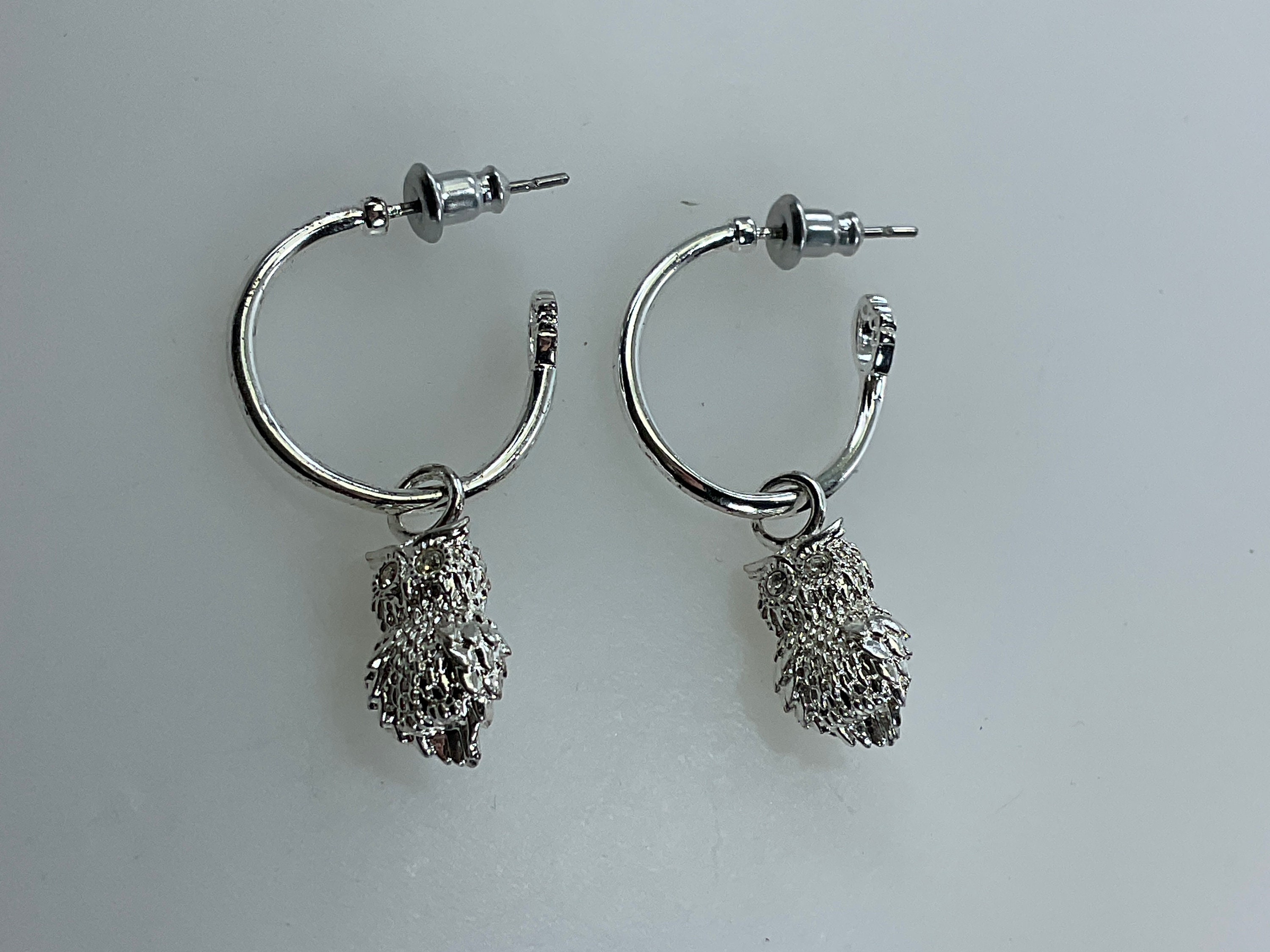Vintage Hoop Earrings Silver Toned With Owl Bead and Clear