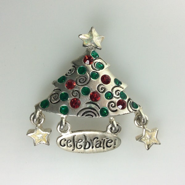 Vintage AJMC Pin Brooch Silver Toned Christmas Tree Design With Spirals Stars Celebrate Red Green Rhinestones White Enamel Used