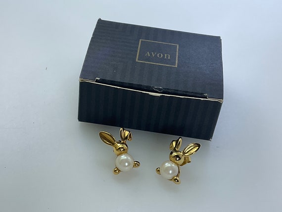 Vintage Avon Stud Earrings Gold Toned Rabbit With… - image 1