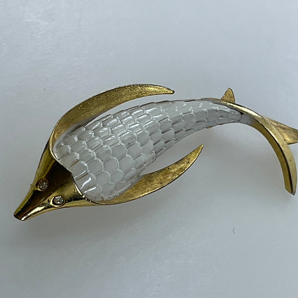 Vintage Pin Brooch Gold Toned Fish With White Enamel Clear Rhinestones Used