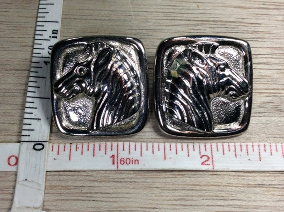 Vintage Silver Toned Square Zebra Earrings Used - image 1