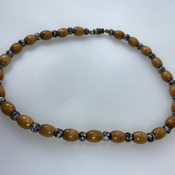 Vintage 14” Necklace With Black White Speckled And Wood Beads Used