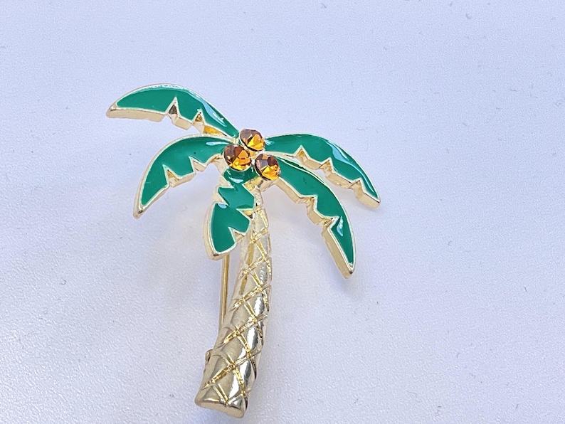 Palm Tree Pin Vintage Gold Toned Pin Brooch Palm Tree With Green Enamel and Orange ...