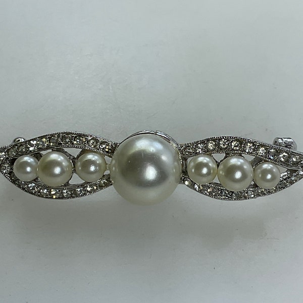 Vintage Richelieu Pin Brooch Silver Toned Bar Design With Clear Rhinestones And White Faux Pearls Used
