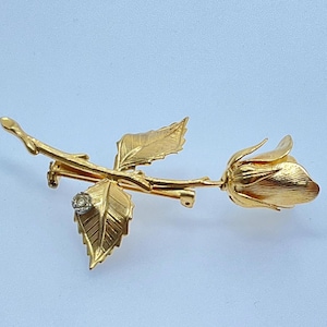 Vintage Pin Brooch Gold Toned Rose With Clear Stone Used
