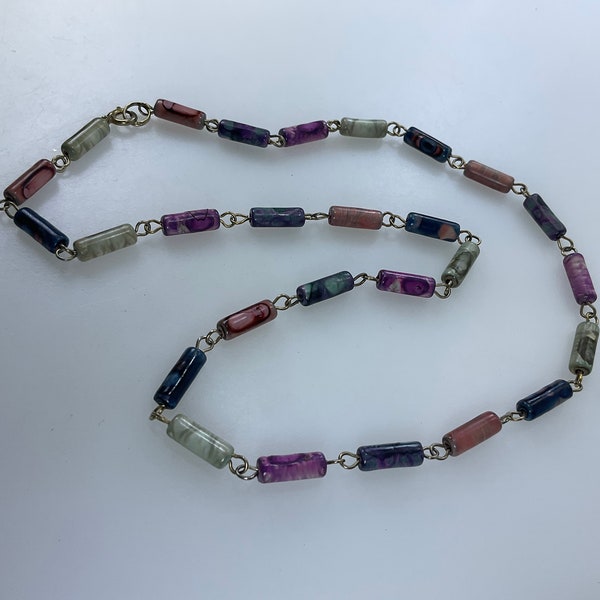 Vintage 20” Necklace Gold Toned With Plastic Cylinder Beads Purple Blue Pink Green White Used