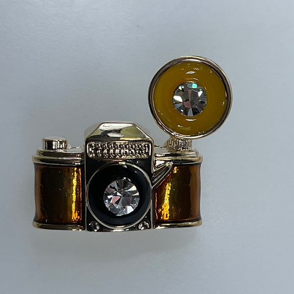 Vintage Pin Brooch Gold Toned Camera Brown Black Yellow Enamel Clear Rhinestones Used