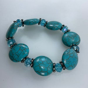 Vintage 6” Bracelet Stretchy With Faux Turquoise And Blue Beads Used