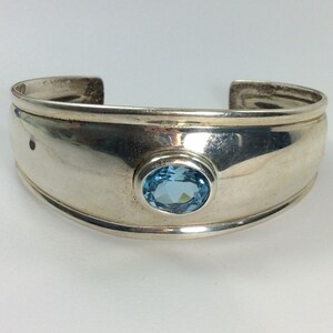 Vintage 7.5" Bracelet Sterling Silver 925 Cuff With Oval Blue Topaz Needs Cleaned Used