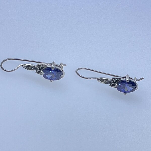 Vintage Drop Earrings Sterling Silver 925 Oval Design With Blue Stone And Marcasites Used