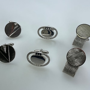 Vintage Lot 3 Pair Cuff Links Silver Toned Assorted Designs As Is Used