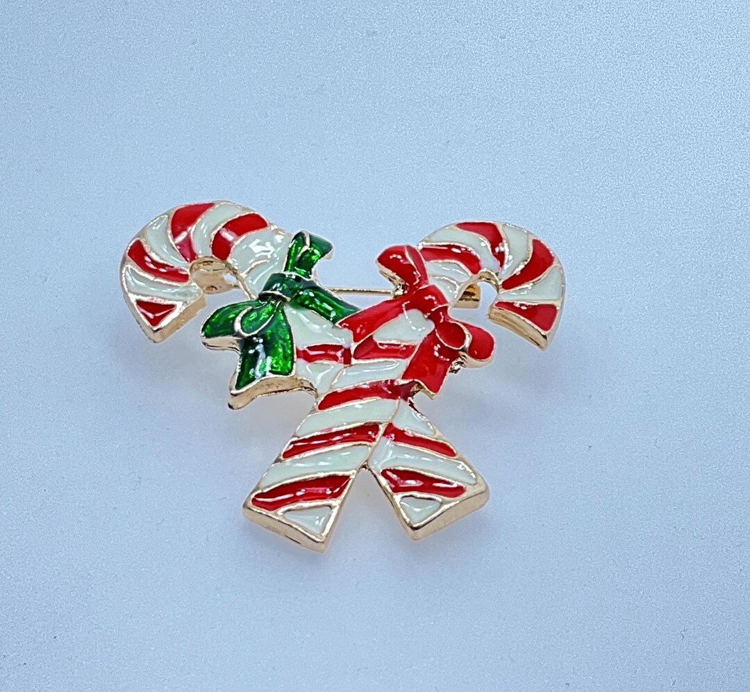 Vintage Pin Brooch Gold Toned Candy Canes With Red, White And Green ...