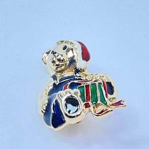Vintage Pin Brooch Gold Toned Christmas Bear With Red,Green, Blue,Black And White Enamel Used