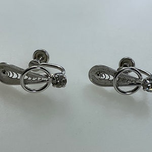Vintage Screw Back Earrings Sterling Silver 925 Filigree Design With Clear Rhinestone Used