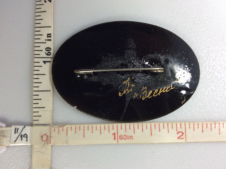 Vintage Pin Brooch Oval Black Lacquer With Pink Maroon Flower Russia Signed Used