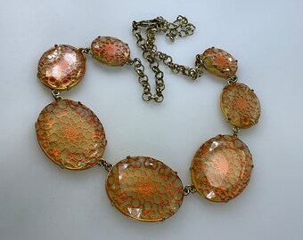 Vintage 18”-21” Necklace Gold Toned Ovals Yellow Rhinestones With Floral Orange Accents Used