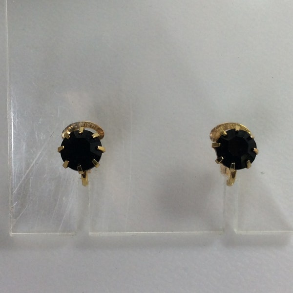 Vintage Clip On Earrings Gold Toned With Black Rhinestone Used