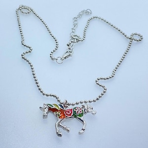 Vintage 18”-21” Silver Toned Necklace With Horse Pendant With Pink,Green,Orange Enamel Used