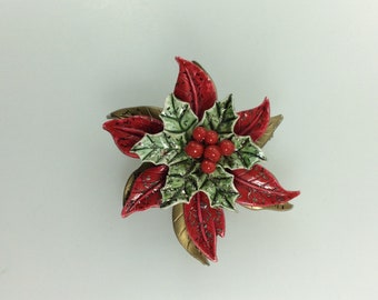 Vintage Enameled Christmas Poinsettia Pin Item K # 436