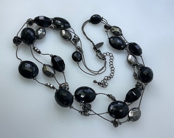 Vintage 17”-20” Necklace 3 Strands Oxidized With Black Beads And Rhinestones Used