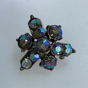 Vintage Pin Brooch Gold Toned Small Burst With AB Blue Rhinestones Used