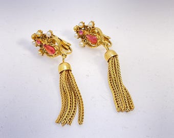 Vintage Gold Toned Earrings With Pink White Stones And Dangles Used