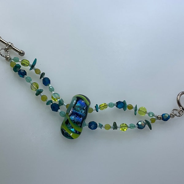 Vintage 7” Bracelet Silver Toned Dichroic Glass Rectangle And Beads Blue Green Used