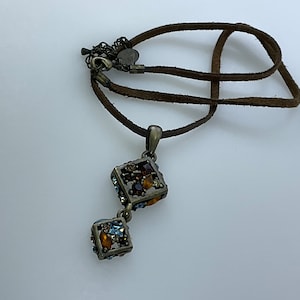 Vintage Lia Sophia 16”-19” Necklace Brass Toned Diamond Shapes With Brown Blue Orange Champagne Rhinestones Used