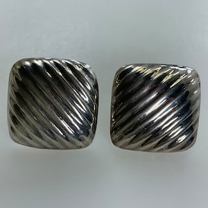 Vintage Stud Earrings Sterling Silver 925 Grooved Square Design Used