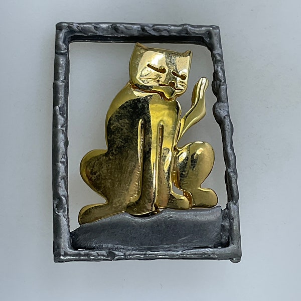 Vintage Ultra Craft Pin Brooch Pewter Gold Toned Cat In Rectangle Used