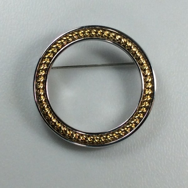 Vintage Monet Silver Gold Toned Pin Brooch Circle Rope Design Accent Used