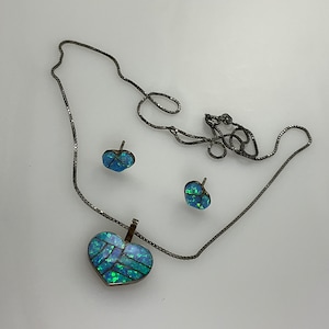 Vintage 16”-18” Necklace Stud Earrings Set Sterling Silver 925 Blue Green Synthetic Opal Tested Needs Cleaned Used