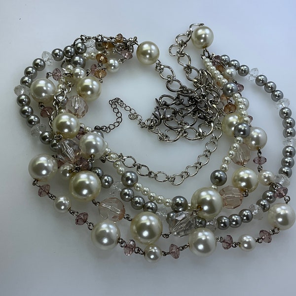 Vintage 28”-31” Necklace Silver Toned Chains With Plastic Beads Pink White Gray Champagne Clear Used
