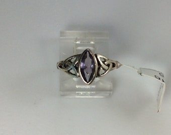 Vintage Ring Size 5 Sterling Silver 925 Marquis Celtic Knot Design With Amethyst New Old Stock Triquetra