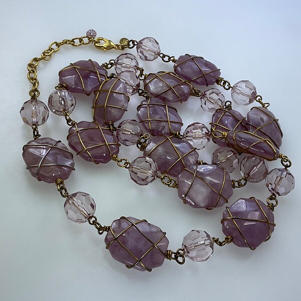 Vintage Joan Rivers 36” Necklace Gold Toned With Lavender Plastic Beads Used