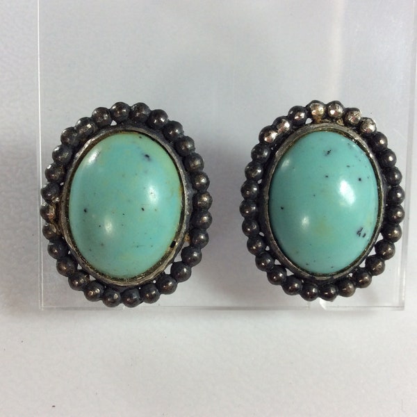 Vintage Screw Back Earrings Silver Toned Oval With Faux Turquoise Colored Stones Need Cleaned Used