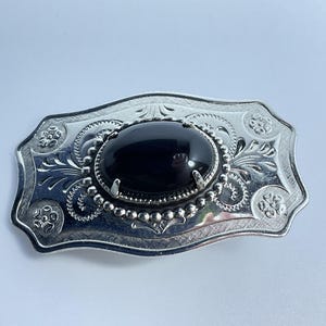 Vintage Silver Toned Belt Buckle With Black Stone Used