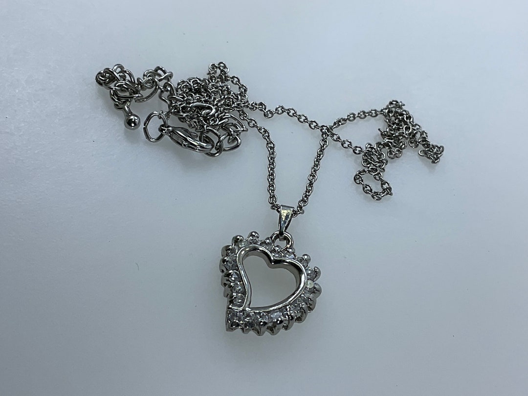 Vintage 1720 Necklace Silver Toned Heart With Clear Rhinestones Used - Etsy