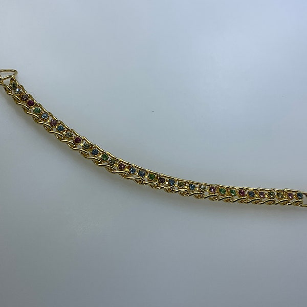 Vintage 7.25” Bracelet Gold Toned With Green Pink Blue Purple And Clear Rhinestones Used